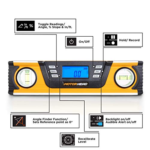MOTORHEAD 10-Inch 0° - 180° SMART DIGITAL Level, LCD Screen, Audible Alerts, Water, Dust & Shock Resistant, Magnetic Bottom, Includes Bag, High-Visibility, Solid-Milled Aluminum, USA-Based Support - size: 10"