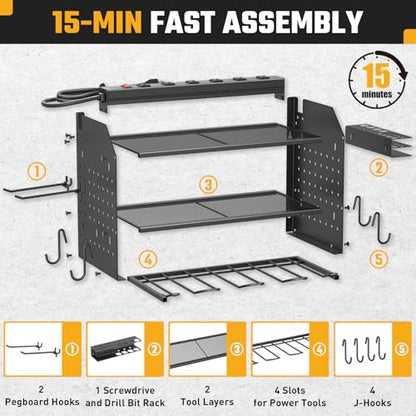 Power Tool Organizer Wall Mount 3 Layer Charging Station with 6 Outlets - color: Black