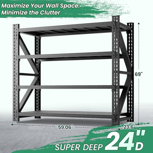 4-Tier Heavy Duty Garage Shelving，Industrial Shelving for Home & Shop,Garage Storage Racks Heavy Duty Steel Shelves,Large Capacity Metal Rack for Garage,Basement,Pantry,Workshop - size: 24"D*60"W*69"H
