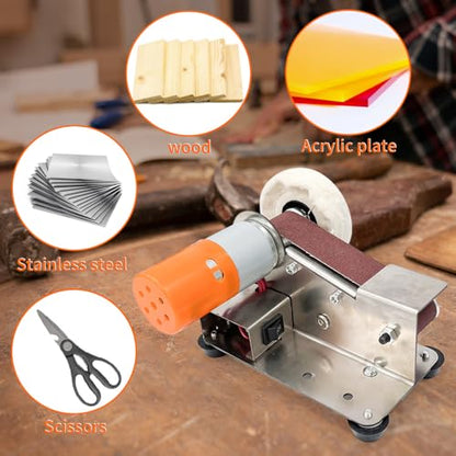 Mini Belt Sander for Beginner Knife Sharpening, Home DIY Bench Grinder with 20pcs 30×330mm Belts, Edge Polishing Tool for Metal Wood Craft Hobby Tools