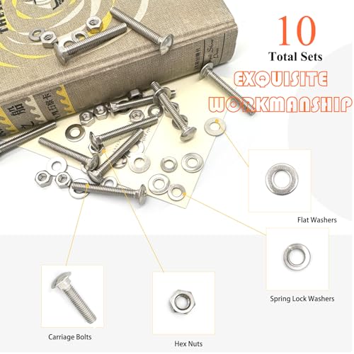 10 Sets 1/4"-20 x2 Carriage Bolts Round Head Square Neck Screws with Hex Nuts Flat Washers Spring Lock Washers 304 Stainless Steel Full Thread Coverage Square Neck Bolts Assortment Kit - size: 1/4"-20 x2"-10 Sets