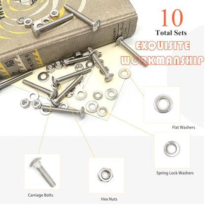 10 Sets 1/4"-20 x2 Carriage Bolts Round Head Square Neck Screws with Hex Nuts Flat Washers Spring Lock Washers 304 Stainless Steel Full Thread Coverage Square Neck Bolts Assortment Kit - size: 1/4"-20 x2"-10 Sets