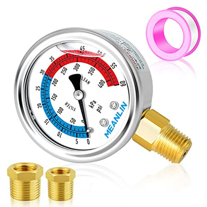 MEANLIN MEASURE 1/4" NPT 0-60psi Pressure Gauge, 2" Dial Glycerine Filled Pool Filter, 304 Stainless Steel Housing, Lower Mount, with 1/2" NPT and 3/8" NPT Hex Bushing - size: 0-60Psi/0-400Kpa, style: Lower Mount