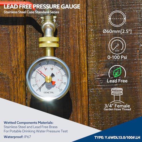 SENCTRL 0-100 Psi Lead-Free Water Pressure Gauge Test with Lazy Hand - size: Lead Free with Lazy Hand (0-100 psi)