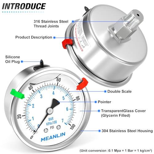 MEANLIN MEASURE 0~100Psi Stainless Steel Liquid Filled Pressure Gauge 2.5" FACE DIAL 1/4" NPT for Well Pump Tire Water Pressure Tester Back Mount with Stainless Steel Hex Bushing and Snaps - size: 0-100Psi, style: Back Mount