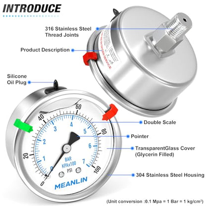 MEANLIN MEASURE 0~100Psi Stainless Steel Liquid Filled Pressure Gauge 2.5" FACE DIAL 1/4" NPT for Well Pump Tire Water Pressure Tester Back Mount with Stainless Steel Hex Bushing and Snaps - size: 0-100Psi, style: Back Mount