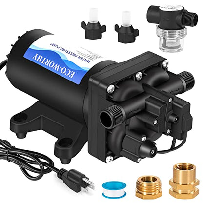 ECO-WORTHY Industrial Water Pressure Diaphragm Pump 110V 5.5GPM 55PSI On Demand RV Fresh Water Pump 110Volt include Garden Hose Adapters for Transfer Booster Heater Barrel Sprinkle Irrigation - color: Black 6