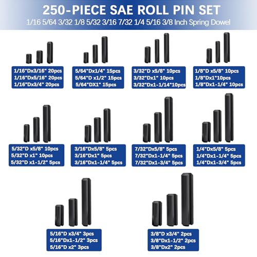 SAE Roll Pin Set, 250 Pcs Roll pin Assortment, Slotted Spring Pins - size: 250pcs SAE Roll Pin