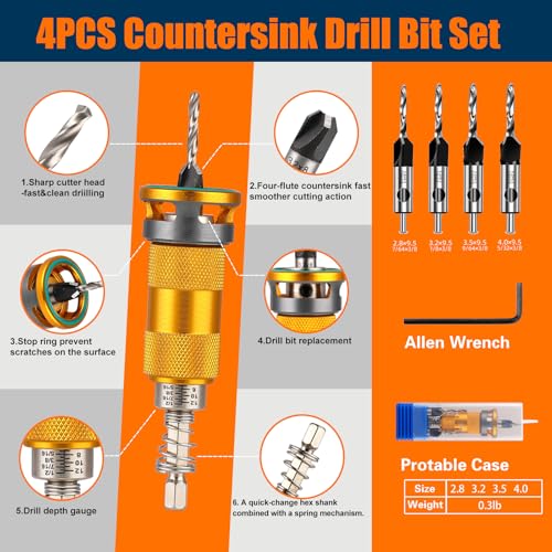 4-Piece HCS Countersink Drill Bit Set with Tool-Free Depth Stop
