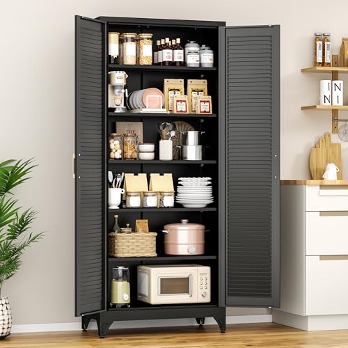 Polup 75" Pantry Cabinet, Tall Metal Storage Cabinet with Doors and Shelves - color: Black, size: 75"H - Louvered Door