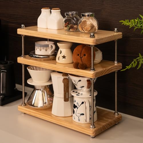 Solid Wood Coffee Bar Shelf/Rack for Countertop, 3 Tier, Natural - color: Natural, size: 24MM Thick