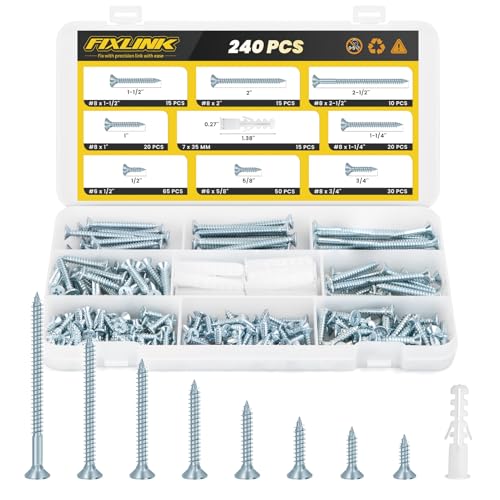 240PCS Wood Screws Assortment Kit, FIXLINK Zinc Coated Flat Head Screws Set - color: Zinc Coated