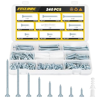240PCS Wood Screws Assortment Kit, FIXLINK Zinc Coated Flat Head Screws Set - color: Zinc Coated