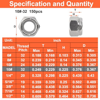 10#-32 Locknuts - 150Pcs Nylon Insert Lock Nuts,304 Stainless Steel - size: 10-32(150 pack), style: SAE