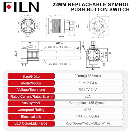 2PCS 22mm 20A Latching Push Button Switch 12V-24V DC 185 Symbol Discs - color: Red-Latching