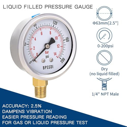 0-200 Psi Pressure Gauge, 2.5" Dial Size, 1/4" NPT Lower Mount, 304 Stainless Steel Case, Water Pressure Gauge Test for Pool Pump, Sand Filter, Air Compressor, Espresso(with Tape) - size: 0-200 psi, style: Lower Mount