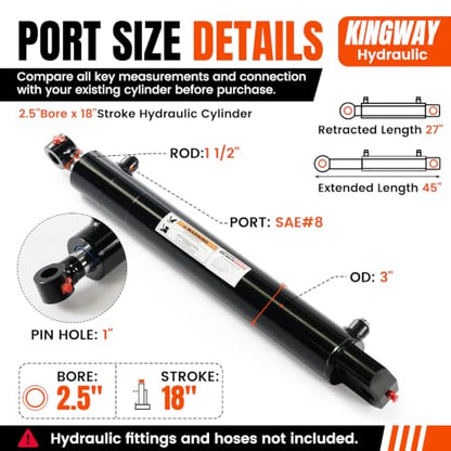 KINGWAY Double Acting Hydraulic Cylinder 2.5"Borex18"Stroke, 3000 PSI SAE#8 - size: 2.5“x18"
