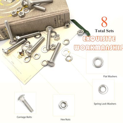 8 Sets 5/16"-18 x2 Carriage Bolts Round Head Square Neck Screws with Hex Nuts Flat Washers Spring Lock Washers 304 Stainless Steel Full Thread Coverage Square Neck Bolts Assortment Kit - size: 5/16"-18 x2"-8 Sets