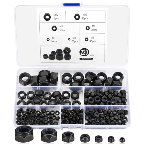 Nylon Insert Lock Nuts, 220pcs Hex Self-Locking Nuts, Carbon Steel Black Locknuts, Hex Drive, M3 M4 M5 M6 M8 M10 M12 - color: Black, size: Assorted (M3–M12)