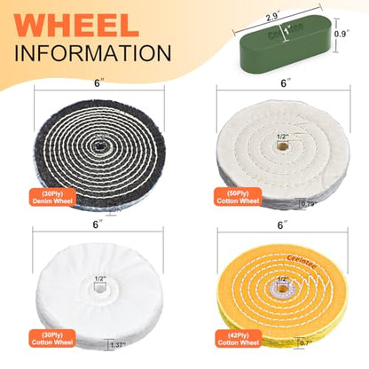 8 Pack 6 Inch Polishing Wheel for Bench Grinder, 1/2" Arbor Hole, Include 1 Denim Wheel, 1 Yellow Cotton, 2 White Cotton Polish Wheels, 1 Soft Flannel Buffing Wheel& 3 Polishing Compound