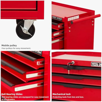 7-Drawer Toolbox with Wheels, Rolling Toolbox - color: Red-7