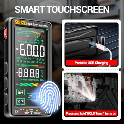 Smart Multimeter, Smart Digital multimeter Tester with Touch Screen 6000 Counts Auto Ranging Rechargeable multimeter A Reverse Display NCV Tester with Flashlight for Electricians,DIY (Black) - color: Black