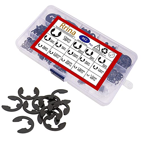 462Pcs Black Alloy Steel E-Clip External Retaining Clamps Ring Washer Circlip Snap Retainer Rings Assortment Kit,14 Sizes(1.2-12mm)