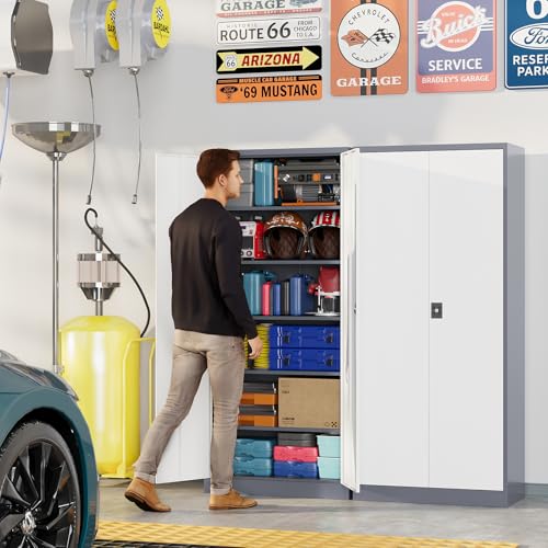 Metal Garage Storage Cabinets with Lock, 71" Tall Tool Cabinet with 2 Door and 5 Adjustable Shelves, Locking Garage Cabinets and Lockable Steel Locker for Home Office Warehouse-(Gray White-71”H) - color: Gray White, size: 71"H