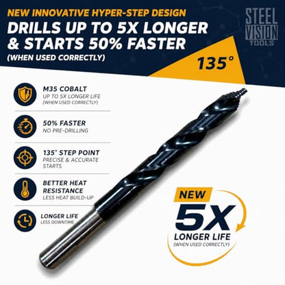 Steel Vision 29pc Hyper-Step M35 Cobalt Drill Bit Set, AlTiN Coated, 1/16" to 1/2" by 64ths, Split Point Metal Drill Bits for Stainless Steel, Hardened Steel, Cast Iron - style: 29 pc Stepped Drill