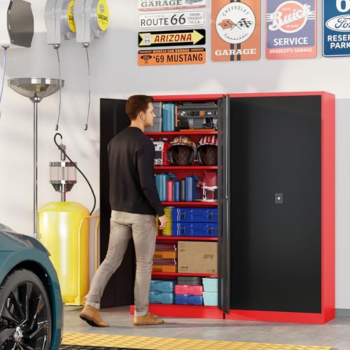 Metal Garage Storage Cabinets with Lock, 71" Tall Tool Cabinet with 2 Door and 5 Adjustable Shelves, Locking Garage Cabinets and Lockable Steel Locker for Home Office Warehouse-(Red Black-71”H) - color: Red Black, size: 71"H