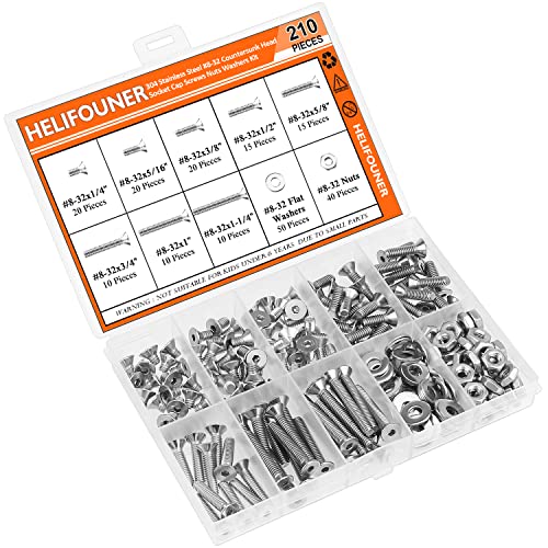 HELIFOUNER 210 Pieces #8-32 x 1/4" 5/16" 3/8" 1/2" 5/8" 3/4" 1" 1-1/4", Countersunk Head Socket Cap Screws Bolts Washers Nuts Kit, Coarse Thread, Fully Machine Threaded, 304 Stainless Steel - size: #8-32, style: Countersunk Head