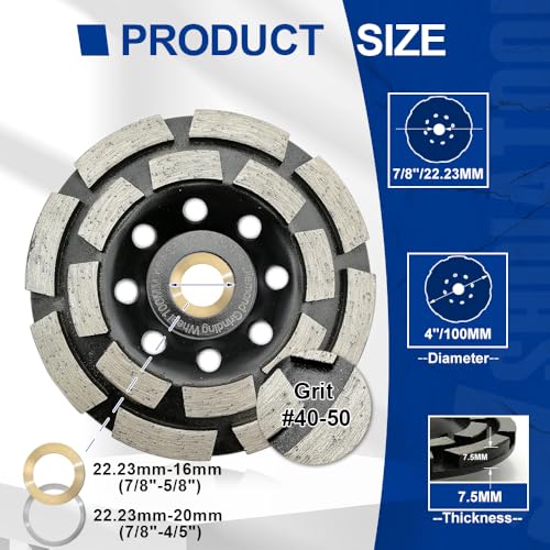 SHDIATOOL 4 Inch Double Row Diamond Grinding Cup Wheel for Concrete Granite Marble Masonry Brick Fits 5/8 Inch Arbor - size: 4 Inch, style: Double Rows