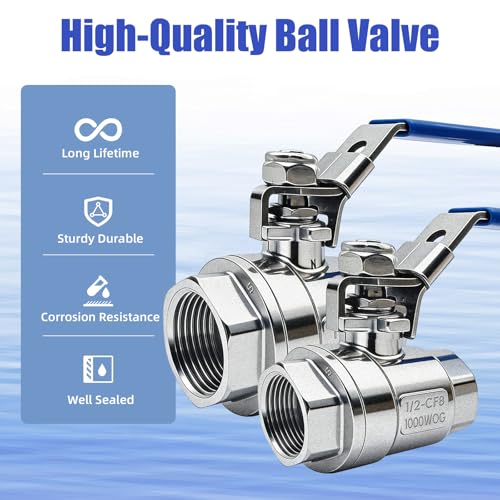 2 Pack 1-1/4'' Ball Valves 304 Stainless Steel NPT Female x Female Full Port Heavy Duty Shut Off Ball Valve 1-1/4 inch for Water, Oil, and Gas with Locking Device, 1000 WOG, Vinyl Handle - size: 1-1/4''