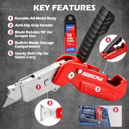 2-in-1 Utility Knife Scraper, Folding Box Cutter with 13 SK5 Blades