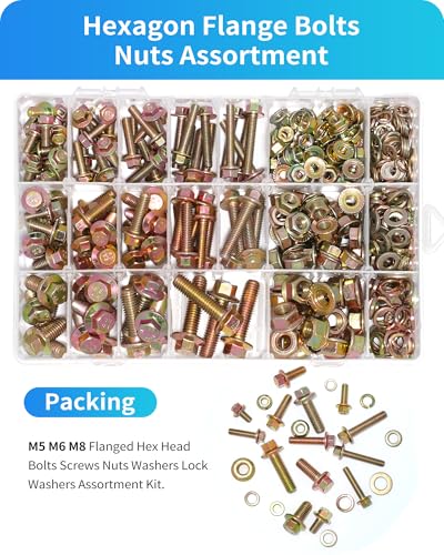 450PCS Metric Grade 8.8 Flange Bolts and Nuts Assortment Kit, M5 M6 M8 Hex Cap Flange Hex Bolts Flange Nuts Assorted Set, Yellow Zinc Plated, Length from 12-30mm (450Pcs M5 M6 M8) - size: M5/M6/M8 Yellow