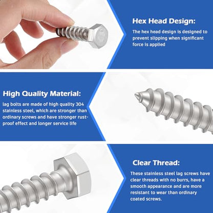 Zonon 50 Pcs 3/8'' X 1-1/2'' 304 Stainless Steel Lag Screw for Wood, Silver - color: Silver, size: 3/8" X 1-1/2"