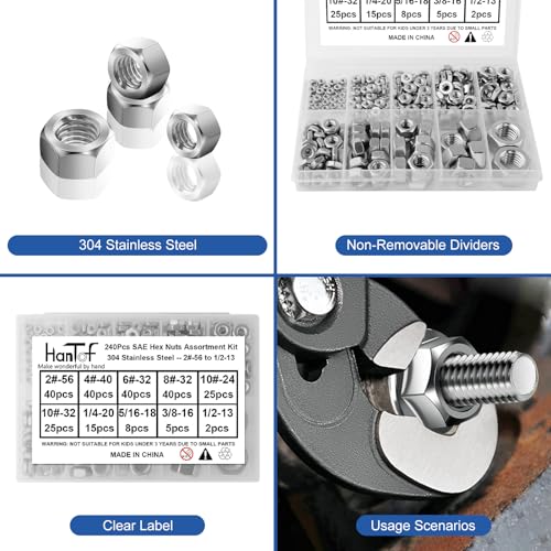 240pcs SAE Hex Nuts Assortment Kit, 4#-40 6#-32 8#-32 10#-24 10#-32 1/4"-20 5/16"-18 3/8"-16 1/2"-13, 304 Stainless Steel 18-8, Hex Hexagonal Nuts, External Hex Nut Set - size: SAE Kit: 2#-56 to 1/2-13