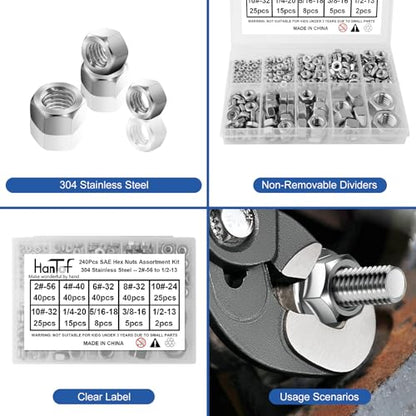 240pcs SAE Hex Nuts Assortment Kit, 4#-40 6#-32 8#-32 10#-24 10#-32 1/4"-20 5/16"-18 3/8"-16 1/2"-13, 304 Stainless Steel 18-8, Hex Hexagonal Nuts, External Hex Nut Set - size: SAE Kit: 2#-56 to 1/2-13