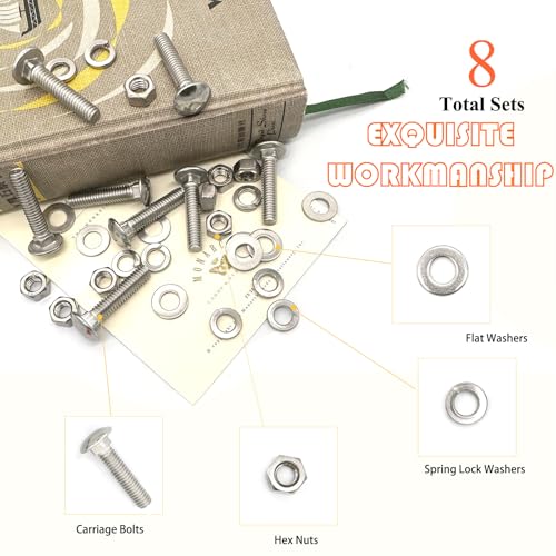 8 Sets 5/16"-18 x1-1/2 Carriage Bolts Round Head Square Neck Screws with Hex Nuts Flat Washers Spring Lock Washers 304 Stainless Steel Full Thread Coverage Square Neck Bolts Assortment Kit - size: 5/16"-18 x1-1/2"-8 Sets