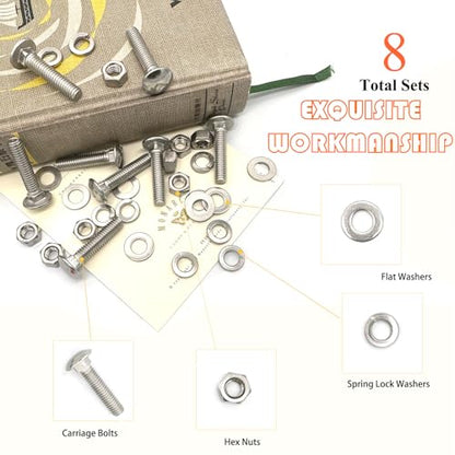 8 Sets 5/16"-18 x1-1/2 Carriage Bolts Round Head Square Neck Screws with Hex Nuts Flat Washers Spring Lock Washers 304 Stainless Steel Full Thread Coverage Square Neck Bolts Assortment Kit - size: 5/16"-18 x1-1/2"-8 Sets