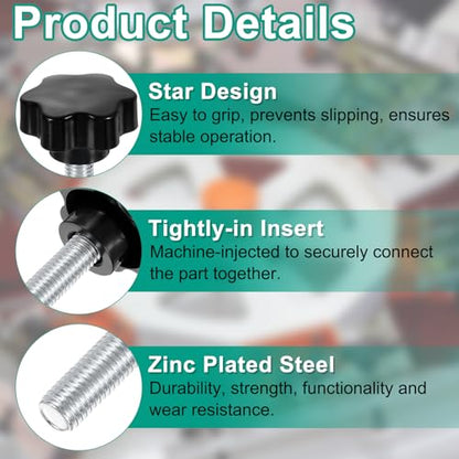 uxcell 2pcs Star Clamping Knobs with Nuts Washers, M12 x 45mm Metric Zinc Plated Carbon Steel Male Thread 48mm 6-Star Plastic Head, Threaded Stud Hand Knobs Handles Thumb Screws, Black - size: M12 x 45mm