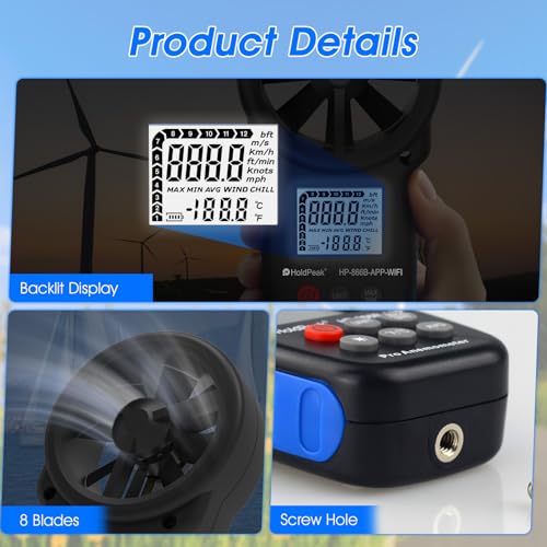 Professional WiFi Anemometer, Smart Wind Speed Meter Gauge with APP, 0.3-40m/s Range, Measures Wind Temp, Max/Min/Avg, Backlight, Ft/min, Knots, Km/h, Mph, (866B-APP-WIFI) - color: 866B-APP-WIFI