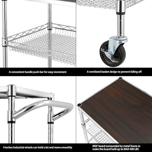 Finnhomy 3 Tier Heavy Duty Commercial Grade Utility Cart with Wood Top, Wire Rolling Cart with Wheels and Handle Bar, Kitchen Carts on Wheels, Metal Cart with 600 LBS Capacity, Chrome - style: 30“L Chrome