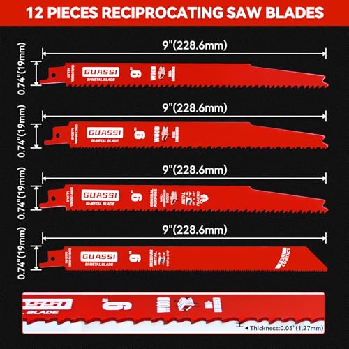12 Pack 9 inch Reciprocating Saw Blade Set, Various TPI Bi-Metal Sawzall Blades for Wood, Metal and PVC Cutting, Durable Sawzall Blades for Multi-Material Demolition and Cutting, for Diablo