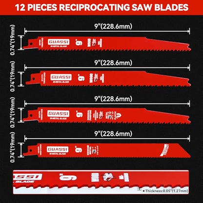 12 Pack 9 inch Reciprocating Saw Blade Set, Various TPI Bi-Metal Sawzall Blades for Wood, Metal and PVC Cutting, Durable Sawzall Blades for Multi-Material Demolition and Cutting, for Diablo