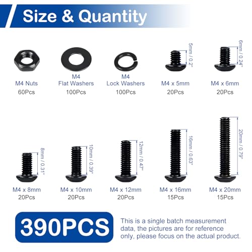 390 Pieces M4 Button Head Socket Cap Screws Nuts Washers Set Black - size: M4 x 5-20mm Kit