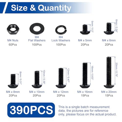390 Pieces M4 Button Head Socket Cap Screws Nuts Washers Set Black - size: M4 x 5-20mm Kit