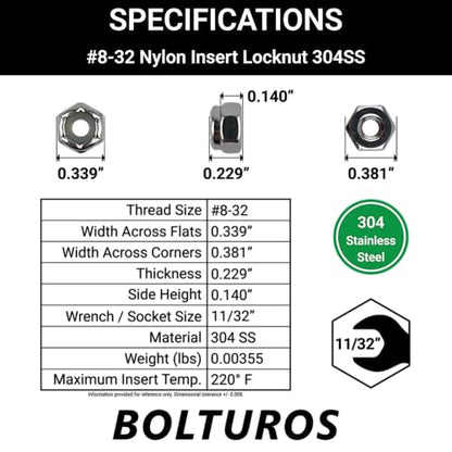 #8-32 Nylon Insert Locknuts 304 Stainless Steel - Pack of 25 - size: #8-32