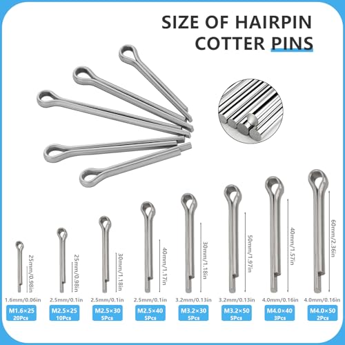 16 Sizes Cotter Pin Assortment Kit 304 Stainless Steel Hardware Cotter Pins Set R Clips Split Pins (Pack of 130Pcs) - size: R&Straight