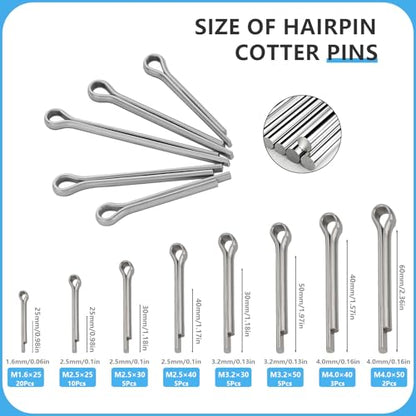 16 Sizes Cotter Pin Assortment Kit 304 Stainless Steel Hardware Cotter Pins Set R Clips Split Pins (Pack of 130Pcs) - size: R&Straight
